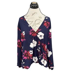 A New Day Womens Blouse Plus Size XXL Floral Faux Wrap Long Sleeve Spring Modern